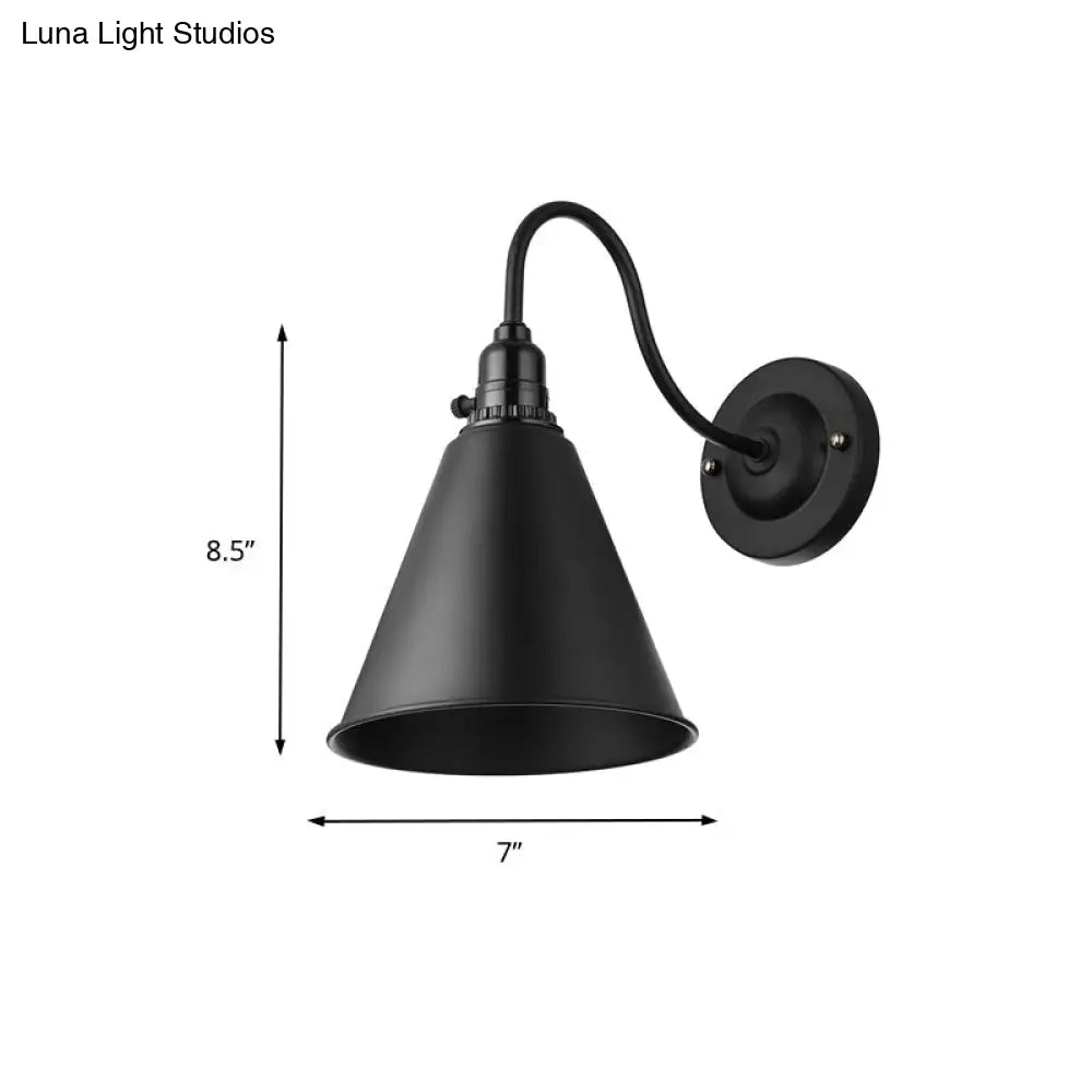 Industrial Black Metal Gooseneck Wall Sconce Light With Conical Shade - Perfect For Dining Room