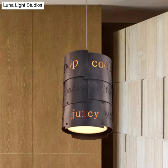 Industrial Black Metal Hanging Light Kit- 1 Cylinder Pendant Lamp For Suspended Restaurant Lettering