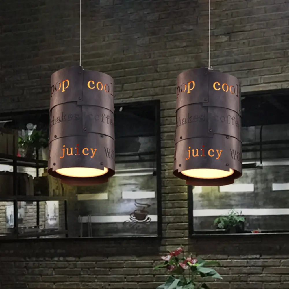 Industrial Black Metal Hanging Lettered Pendant Lamp Kit - 1-Light Cylinder Ideal For Restaurants