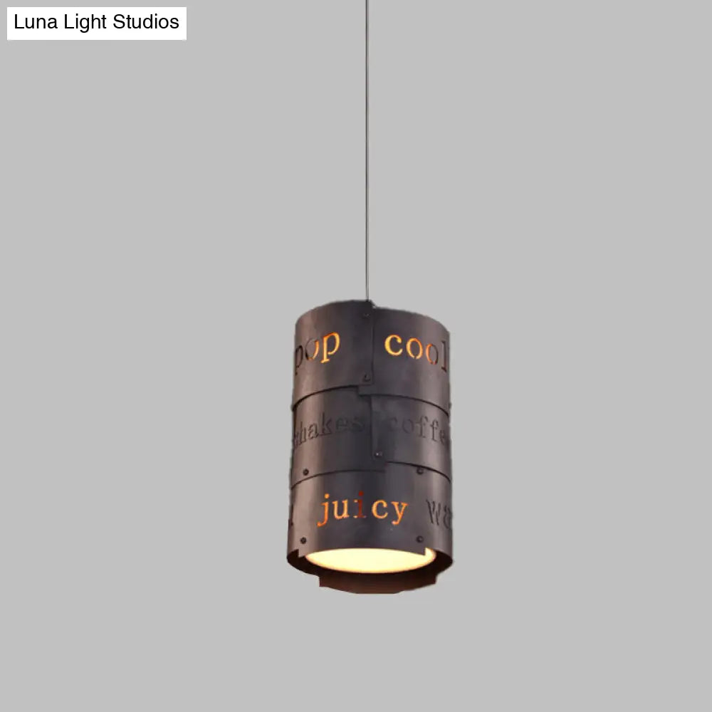 Industrial Black Metal Hanging Lettered Pendant Lamp Kit - 1-Light Cylinder Ideal For Restaurants