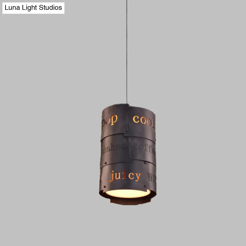 Industrial Black Metal Hanging Light Kit- 1 Cylinder Pendant Lamp For Suspended Restaurant Lettering