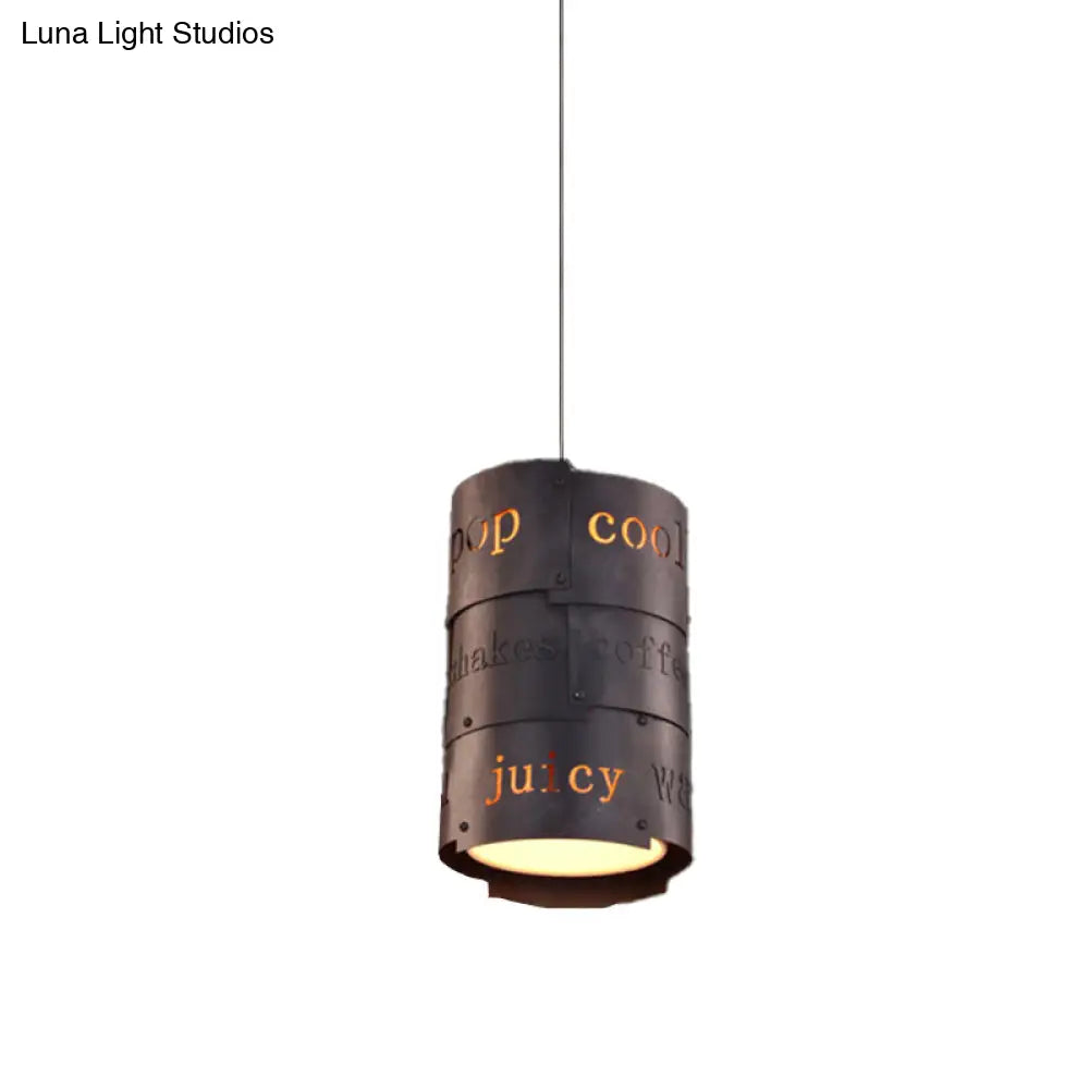 Industrial Black Metal Hanging Lettered Pendant Lamp Kit - 1-Light Cylinder Ideal For Restaurants