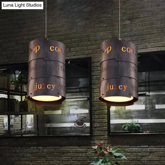 Industrial Black Metal Hanging Light Kit- 1 Cylinder Pendant Lamp For Suspended Restaurant Lettering