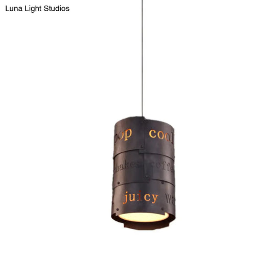 Industrial Black Metal Hanging Light Kit- 1 Cylinder Pendant Lamp For Suspended Restaurant Lettering