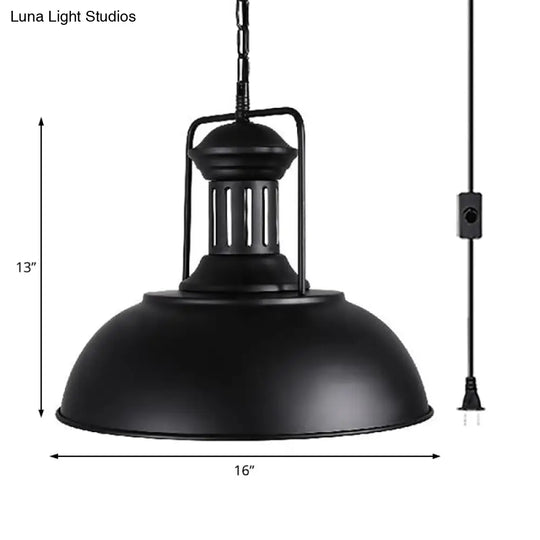 Black Metal Industrial Hanging Pendant Light - Bowl Shade 1 Head Plug-In Suspension With Vented