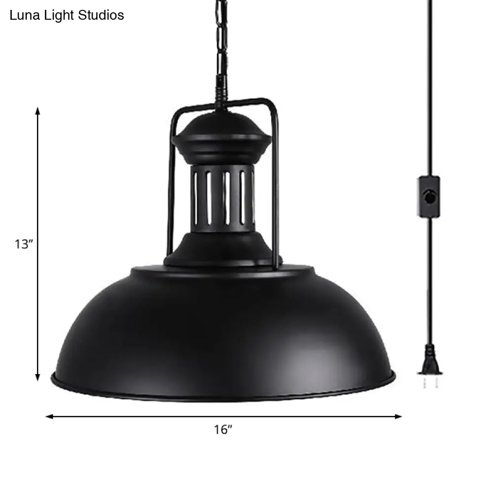 Industrial Black Metal Hanging Pendant Light With Bowl Shade - 1 Head Plug In Suspension