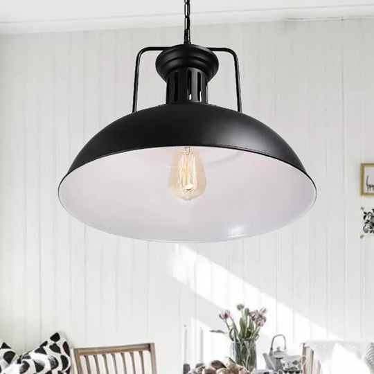 Industrial Black Metal Hanging Pendant Light With Bowl Shade - 1 Head Plug In Suspension