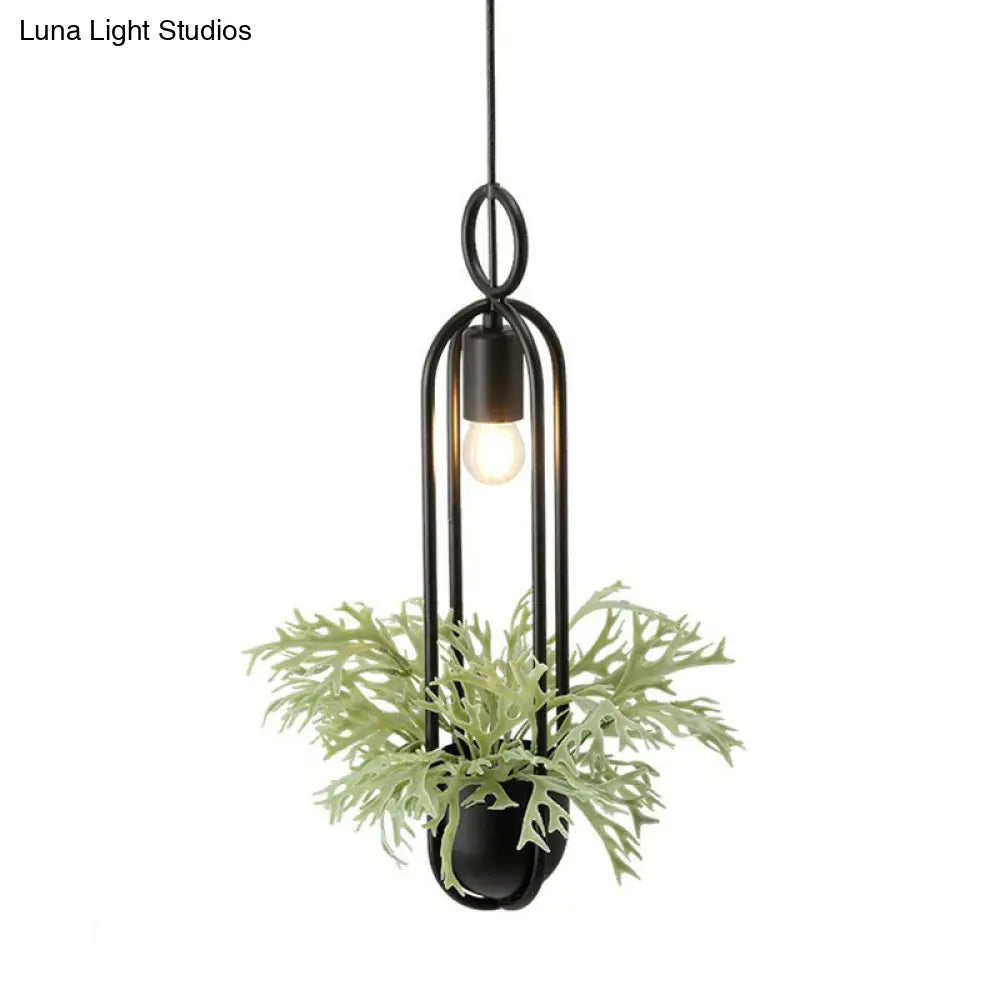 Industrial Black Metal Hanging Pendant Light With Faux Pot Plant And Bare Bulb Design
