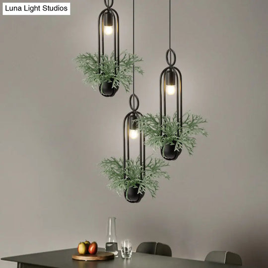 Faux Pot Plant Pendant Light - Industrial Black Metal Hanging Lamp With Bare Bulb Design 1 Bulb

Or