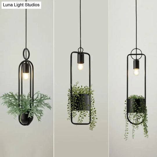 Faux Pot Plant Pendant Light - Industrial Black Metal Hanging Lamp With Bare Bulb Design 1 Bulb

Or