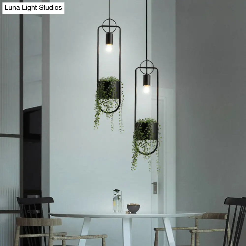 Industrial Black Metal Hanging Pendant Light With Faux Pot Plant And Bare Bulb Design