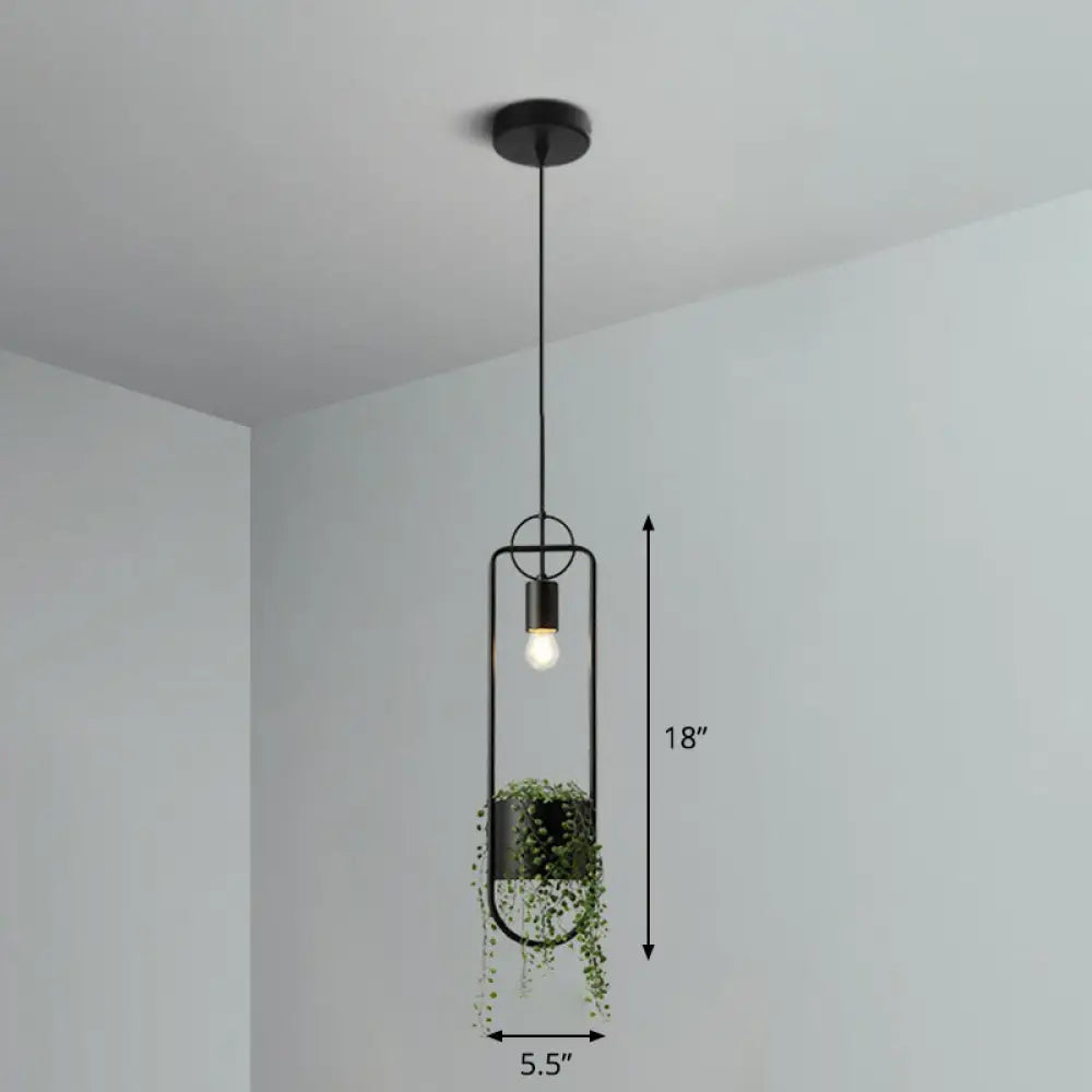 Industrial Black Metal Hanging Pendant Light With Faux Pot Plant And Bare Bulb Design / Circular Arc