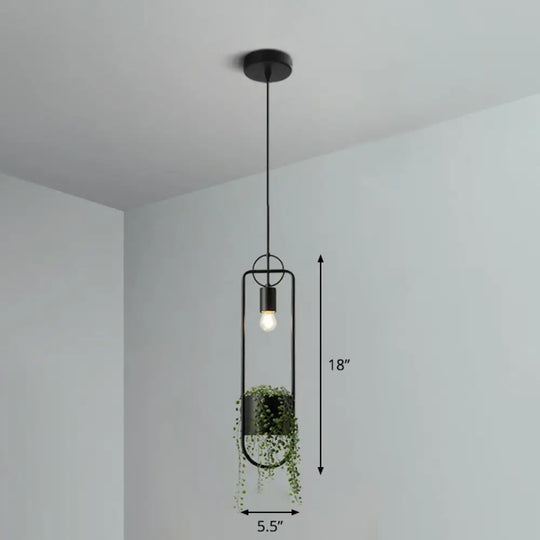 Industrial Black Metal Hanging Pendant Light With Faux Pot Plant And Bare Bulb Design / Circular Arc