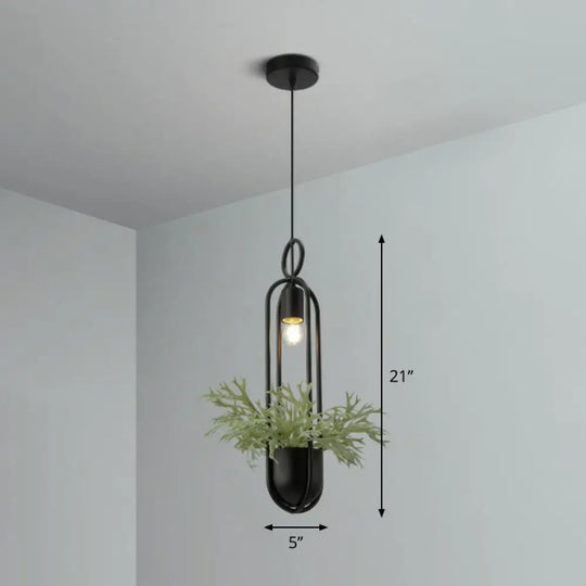 Industrial Black Metal Hanging Pendant Light With Faux Pot Plant And Bare Bulb Design / Oval