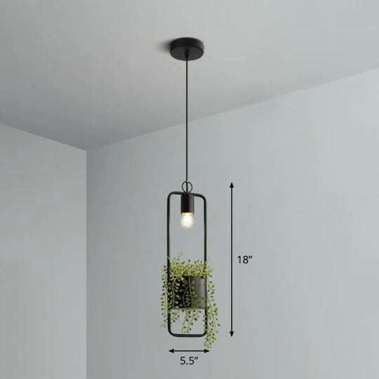 Industrial Black Metal Hanging Pendant Light With Faux Pot Plant And Bare Bulb Design / Rectangle