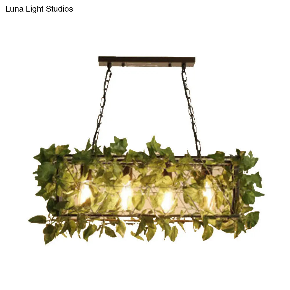 Industrial Black Metal Island Lamp With 4-Light Rectangle Design And Stylish Faux Plant Decor