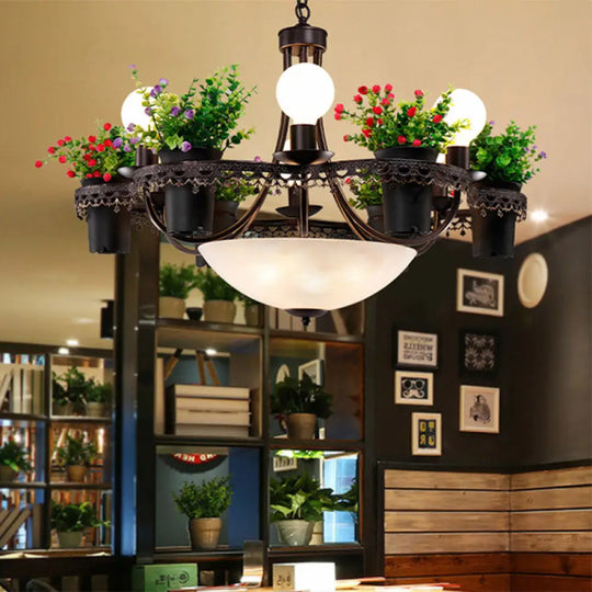 Industrial Black Metal Led Flower Pendant Light - 9 Lights Chandelier For Restaurant