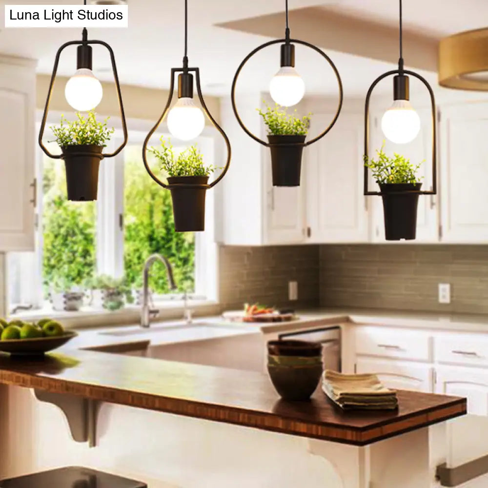 Industrial Black Metal Led Plant Cluster Pendant Light Fixture For Kitchen Ceiling