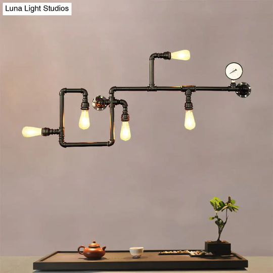 Industrial Black Metal Maze Sconce Light With Water Pipe - 5-Light Restaurant Wall Lamp