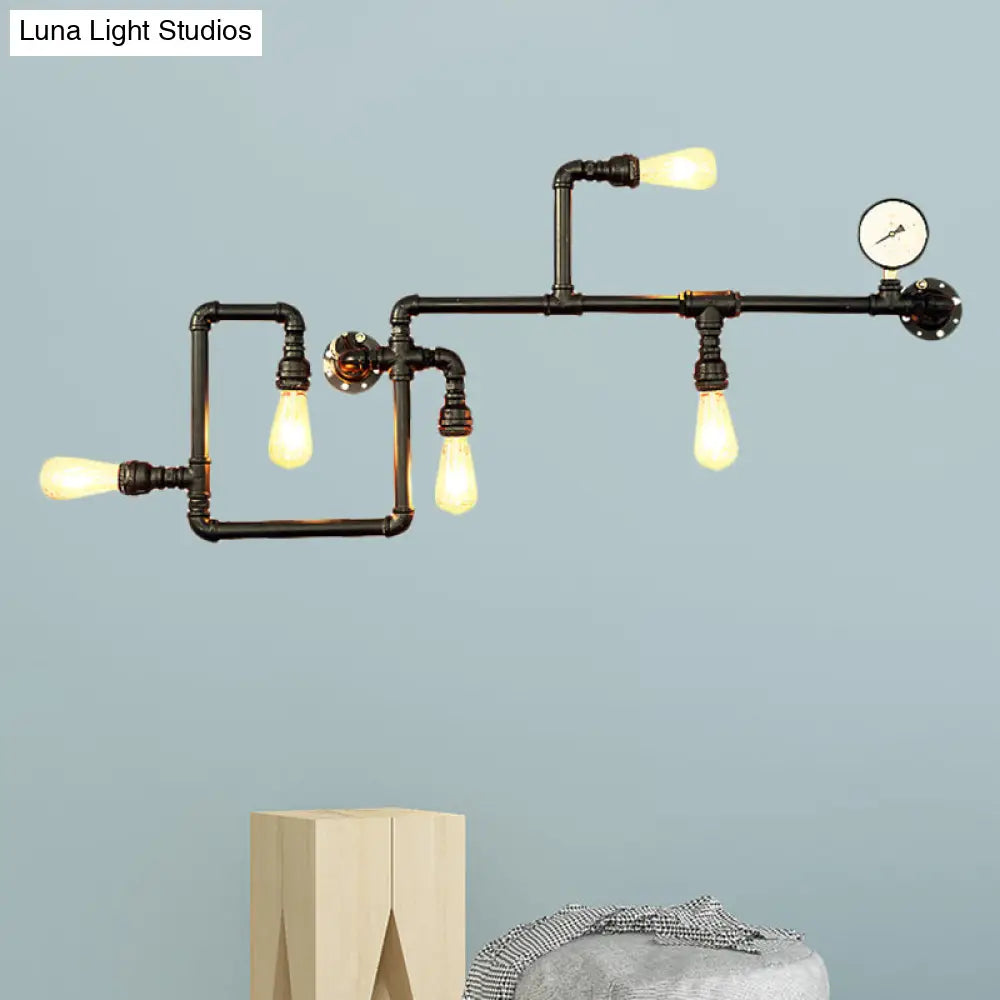 Industrial Black Metal Maze Sconce Light With Water Pipe - 5-Light Restaurant Wall Lamp