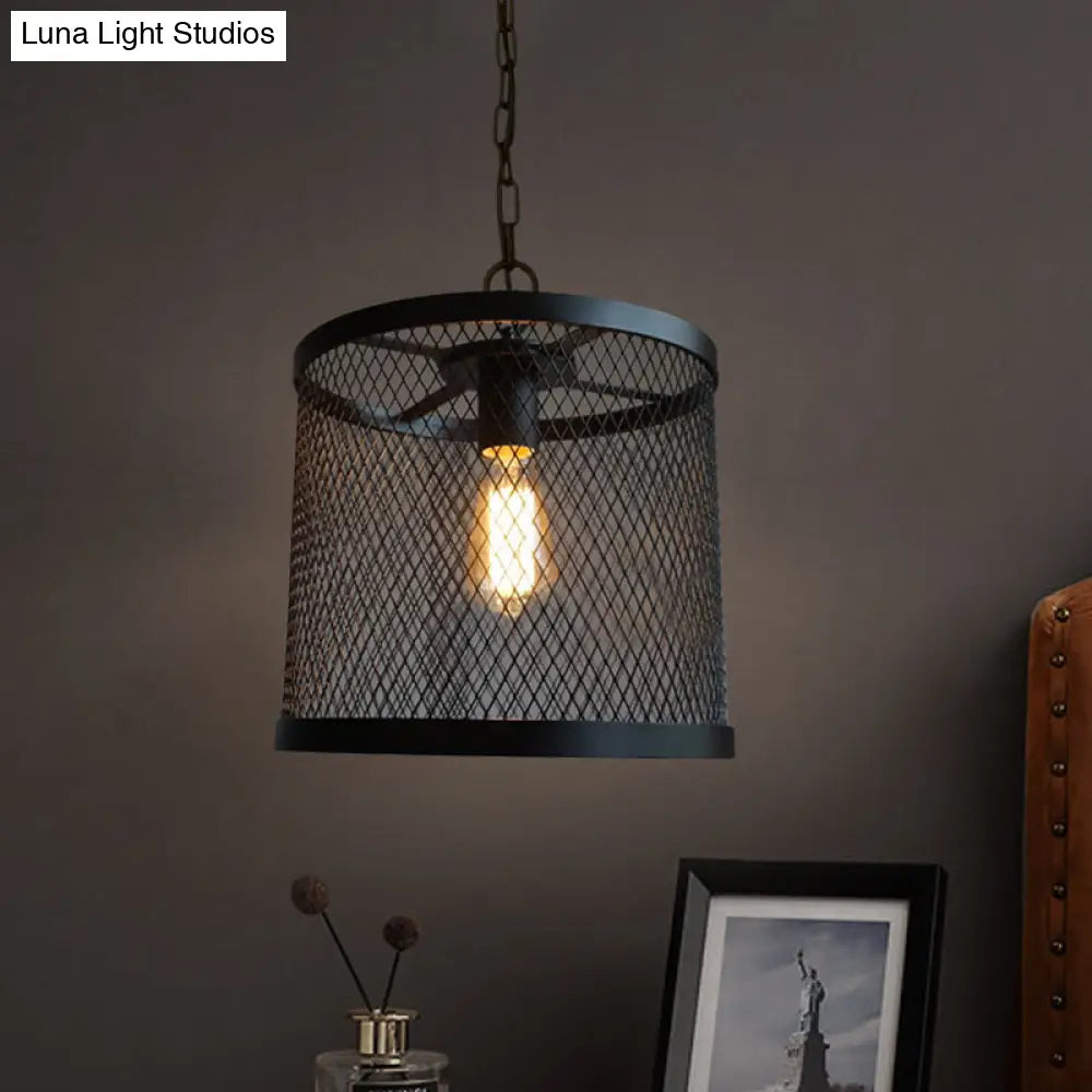 Industrial Black Metal Mesh Drum Pendant Light - Single Hanging Lamp For Dining Room