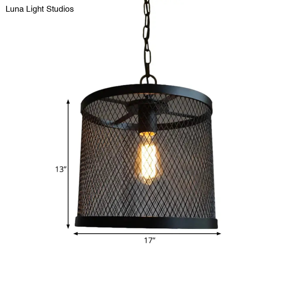 Industrial Black Metal Mesh Drum Pendant Light - Single Hanging Lamp For Dining Room