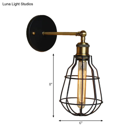 Industrial Black Metal Mini Wall Light Fixture For Bedroom - Cylinder/Teardrop Caged Mount Lighting