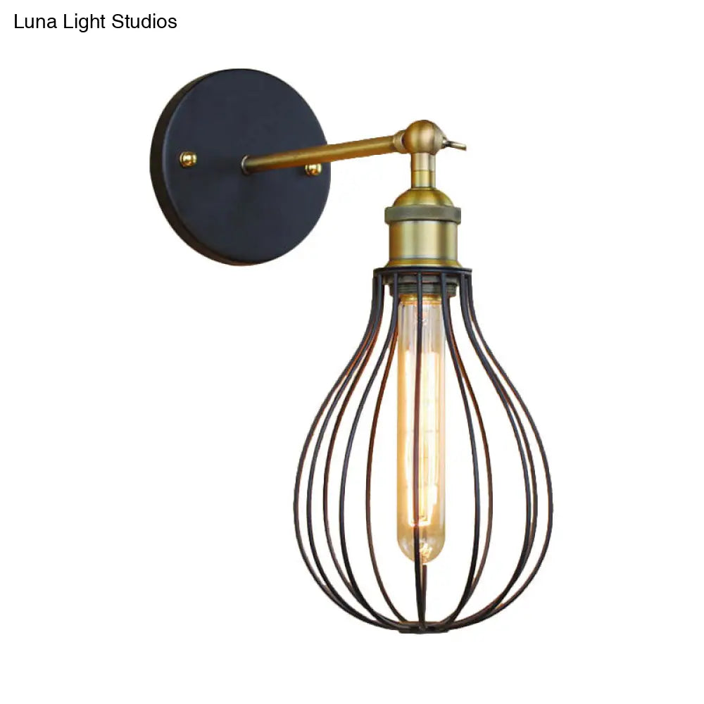 Industrial Black Metal Mini Wall Light Fixture For Bedroom - Cylinder/Teardrop Caged Mount Lighting