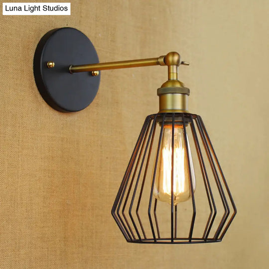 Industrial Black Metal Mini Wall Light Fixture For Bedroom - Cylinder/Teardrop Caged Mount Lighting