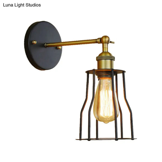 Industrial Black Metal Mini Wall Light Fixture For Bedroom - Cylinder/Teardrop Caged Mount Lighting