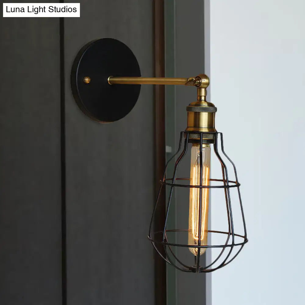 Industrial Black Metal Mini Wall Light Fixture For Bedroom - Cylinder/Teardrop Caged Mount Lighting