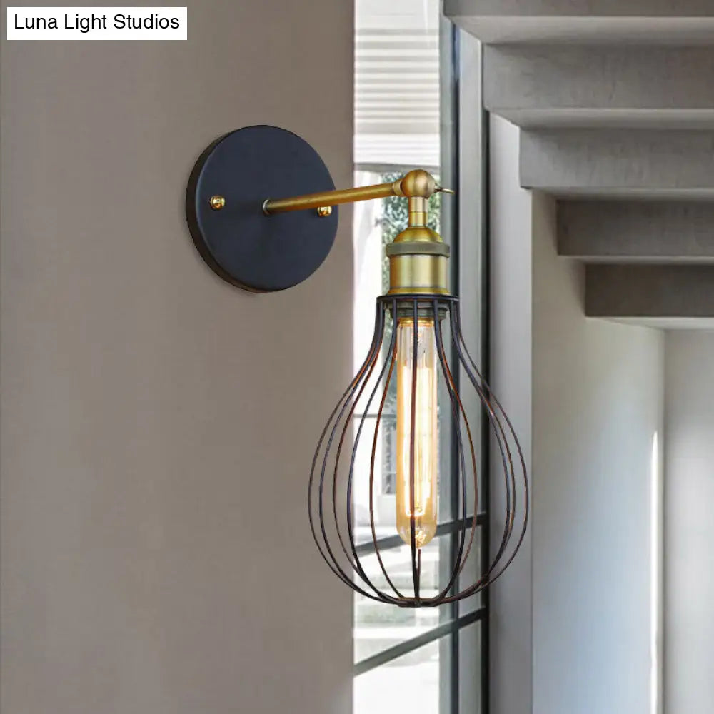 Industrial Black Metal Mini Wall Light Fixture For Bedroom - Cylinder/Teardrop Caged Mount Lighting