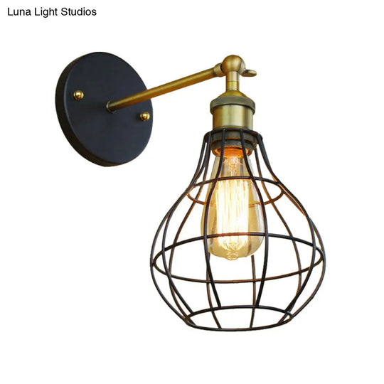 Industrial Black Metal Mini Wall Light Fixture For Bedroom - Cylinder/Teardrop Caged Mount Lighting