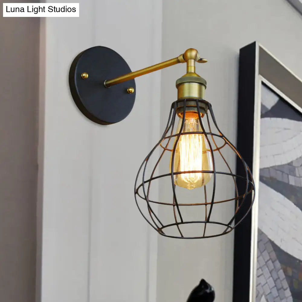 Industrial Black Metal Mini Wall Light Fixture For Bedroom - Cylinder/Teardrop Caged Mount Lighting