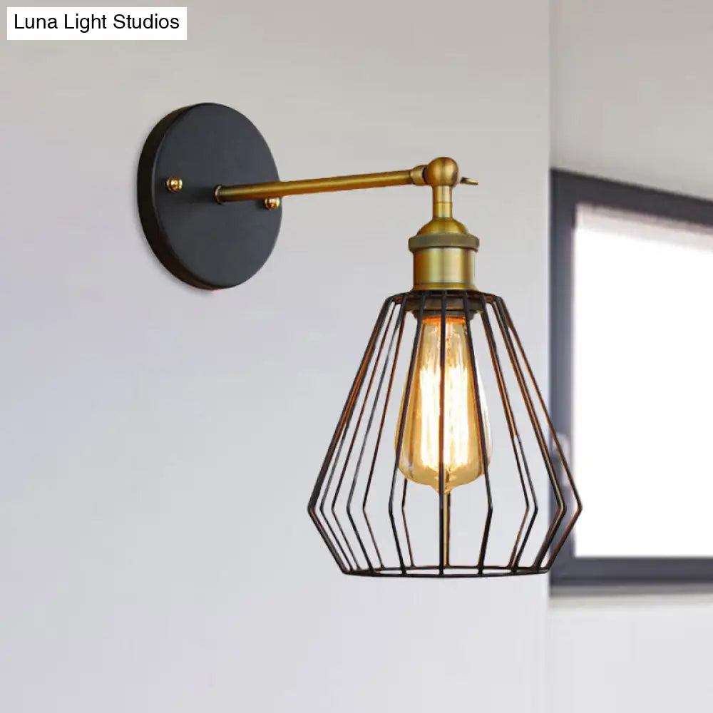 Industrial Black Metal Mini Wall Light Fixture For Bedroom - Cylinder/Teardrop Caged Mount Lighting