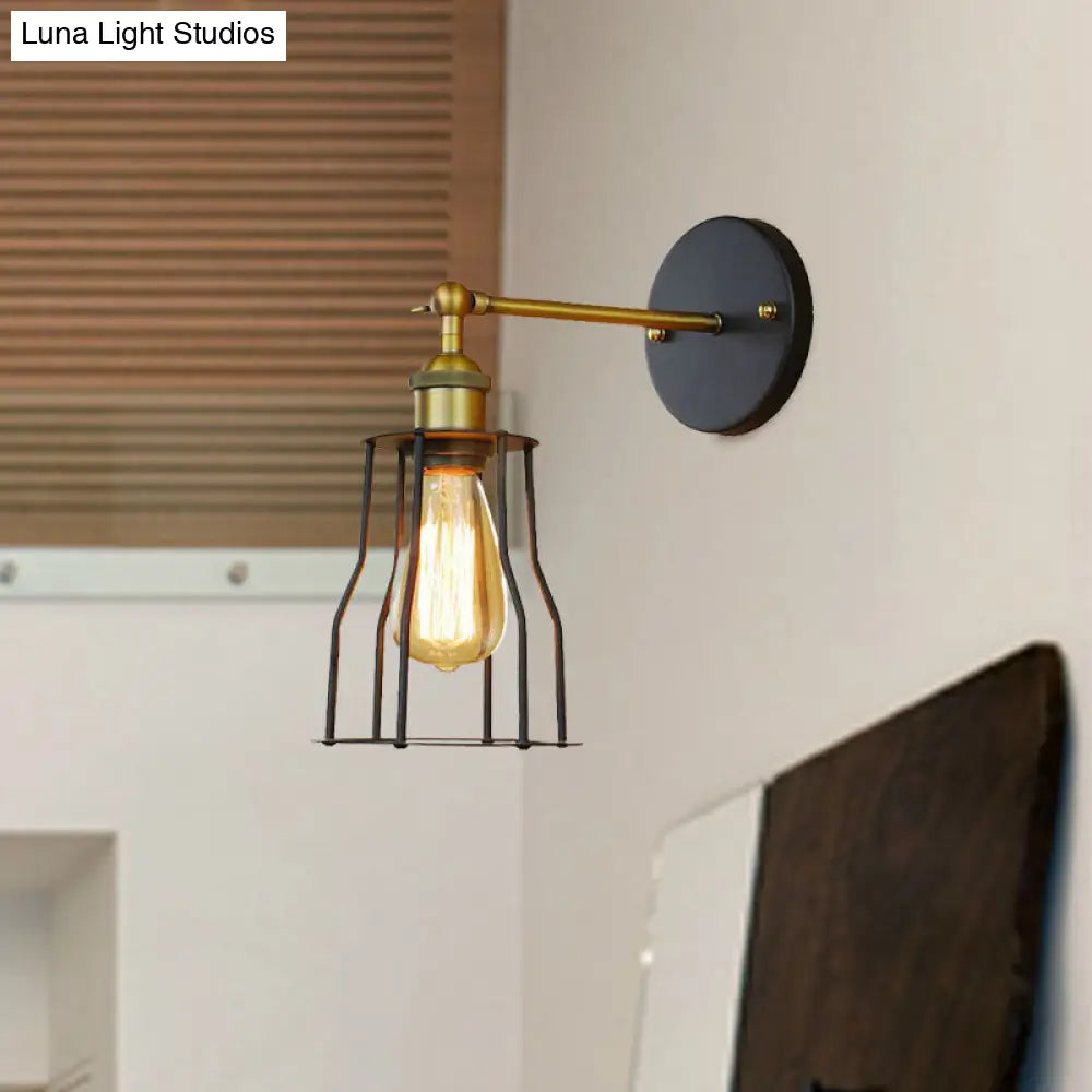 Industrial Black Metal Mini Wall Light Fixture For Bedroom - Cylinder/Teardrop Caged Mount Lighting