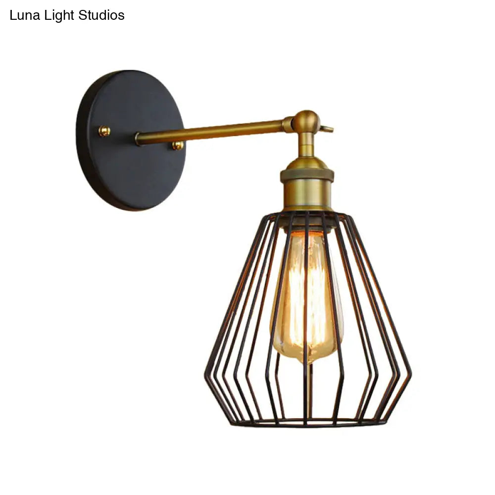 Industrial Black Metal Mini Wall Light Fixture For Bedroom - Cylinder/Teardrop Caged Mount Lighting