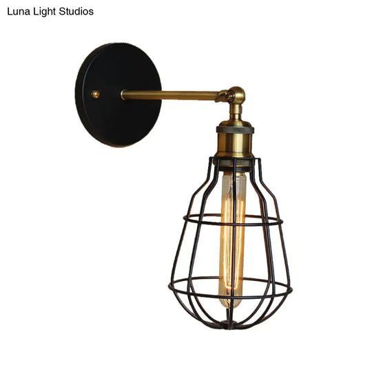 Industrial Black Metal Mini Wall Light Fixture For Bedroom - Cylinder/Teardrop Caged Mount Lighting