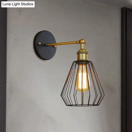 Industrial Black Metal Mini Wall Light Fixture For Bedroom - Cylinder/Teardrop Caged Mount Lighting