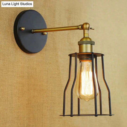 Industrial Black Metal Mini Wall Light Fixture For Bedroom - Cylinder/Teardrop Caged Mount Lighting