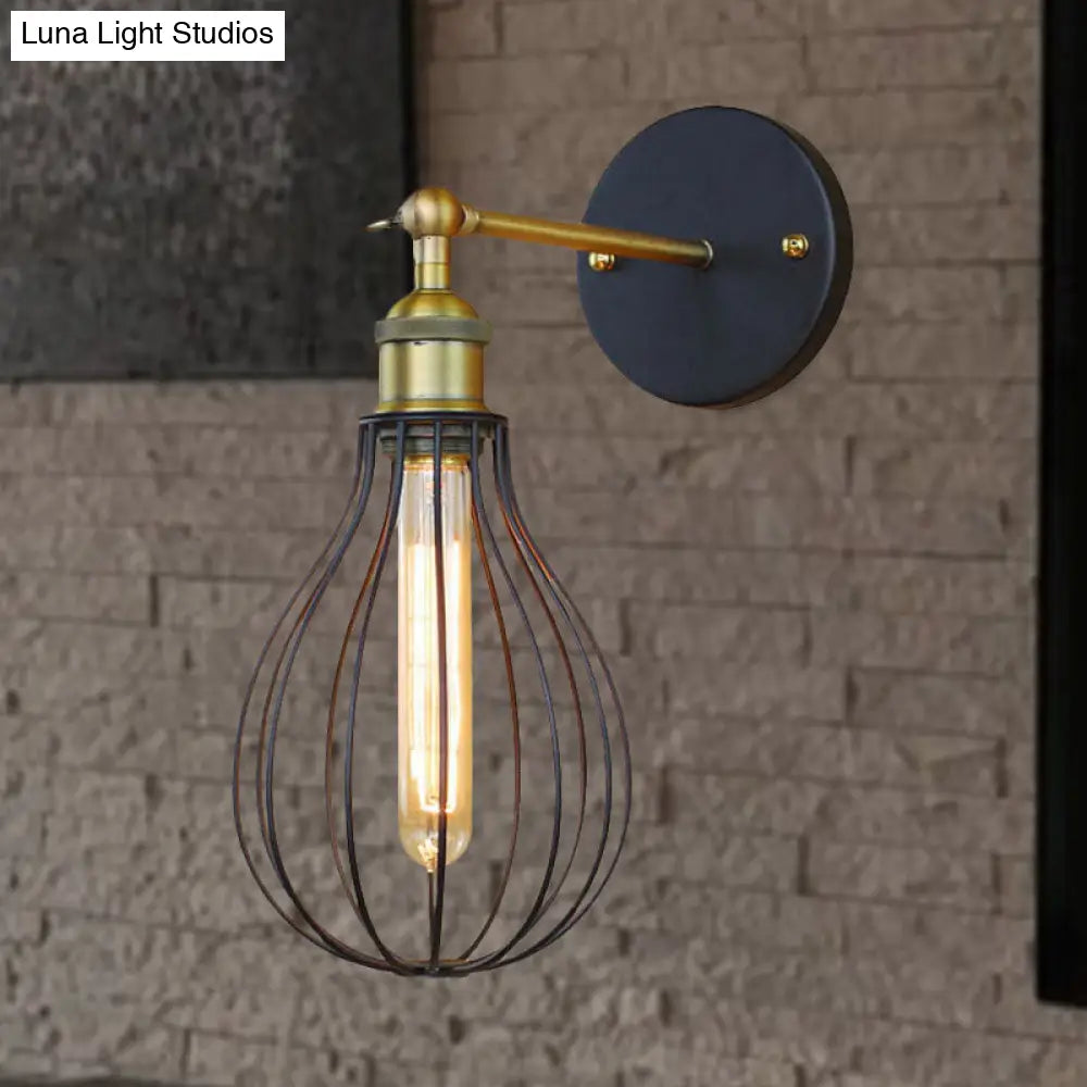 Industrial Black Metal Mini Wall Light Fixture For Bedroom - Cylinder/Teardrop Caged Mount Lighting