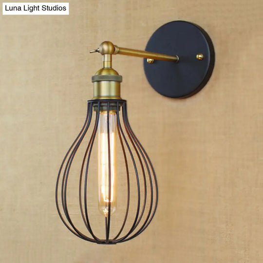 Industrial Black Metal Mini Wall Light Fixture For Bedroom - Cylinder/Teardrop Caged Mount Lighting