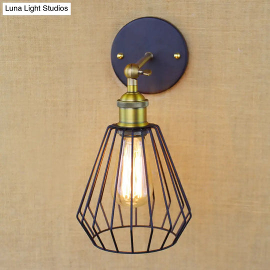 Industrial Black Metal Mini Wall Light Fixture For Bedroom - Cylinder/Teardrop Caged Mount Lighting