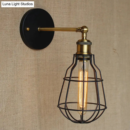 Industrial Black Metal Mini Wall Light Fixture For Bedroom - Cylinder/Teardrop Caged Mount Lighting