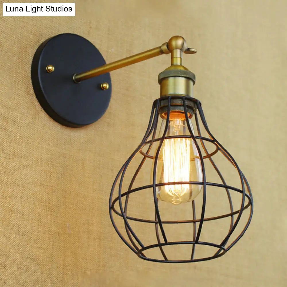 Industrial Black Metal Mini Wall Light Fixture For Bedroom - Cylinder/Teardrop Caged Mount Lighting