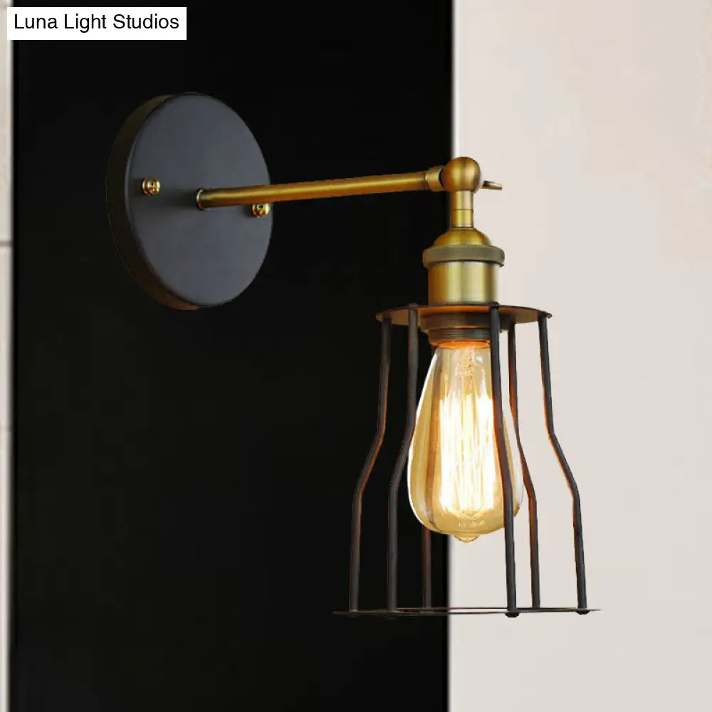 Industrial Black Metal Mini Wall Light Fixture For Bedroom - Cylinder/Teardrop Caged Mount Lighting