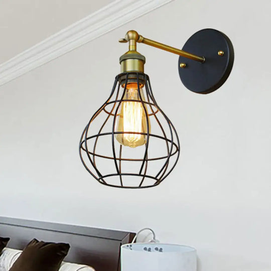 Industrial Black Metal Mini Wall Light Fixture For Bedroom - Cylinder/Teardrop Caged Mount Lighting