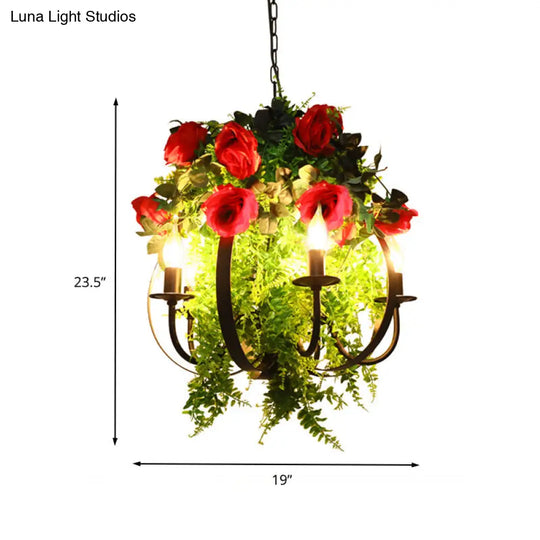 Industrial Black Metal Pendant Chandelier With 5 Rose Led Bulbs - Ceiling Hang Fixture For