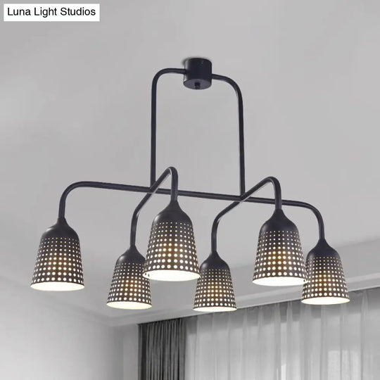 Industrial Black Metal Pendant Light With 6 Mesh Bell Shades And Island Style