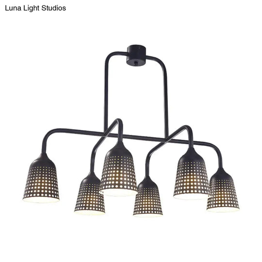 Industrial Black Metal Pendant Light With 6 Mesh Bell Shades And Island Style